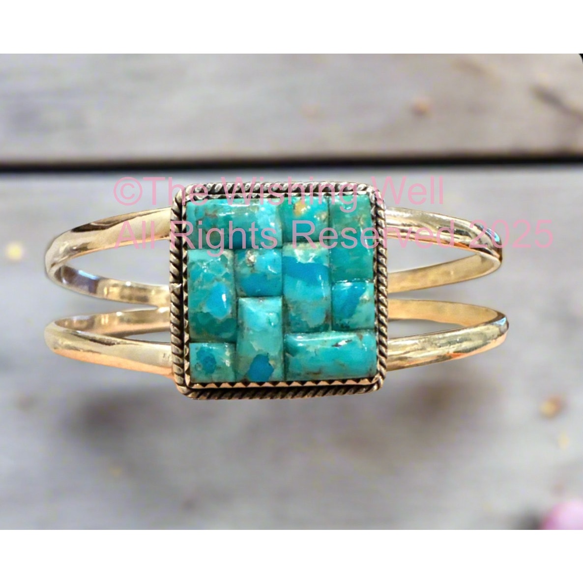 Kingman Turquoise | Grid Inlay Mosaic Square | Cuff Bracelet Size 6-8