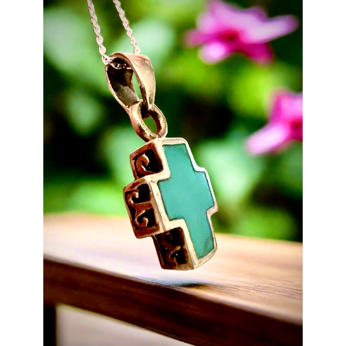 Kingman Turquoise Inlay Cage Filigree Dainty Necklace 18-20”