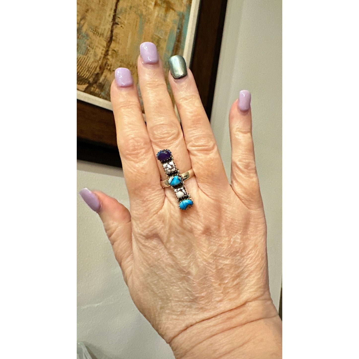 Ice Blue Dahlia Purple Dahlia & Wild Horse Fove Stone Long Ring Adjustable 5-11