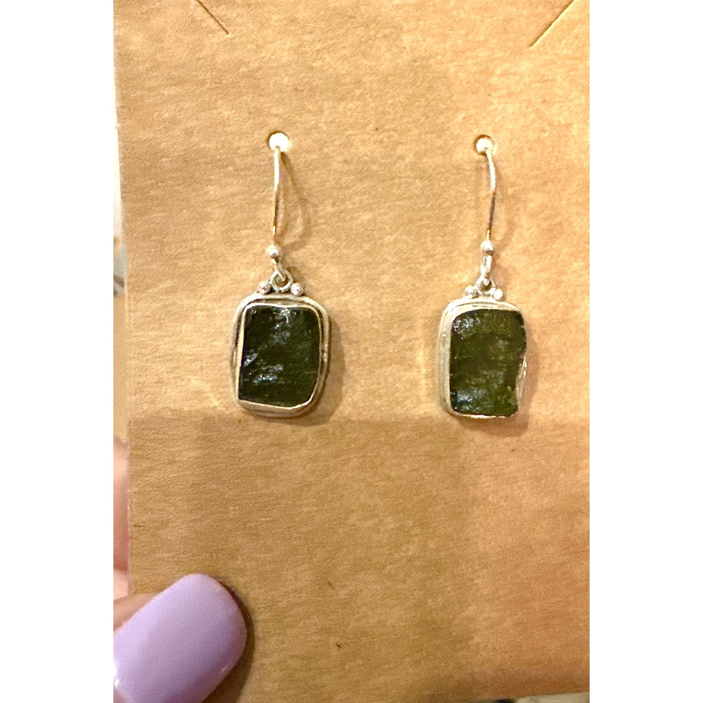 Rough Square Moldavite 925 Sterling Silver Dangle Earrings 1.5”