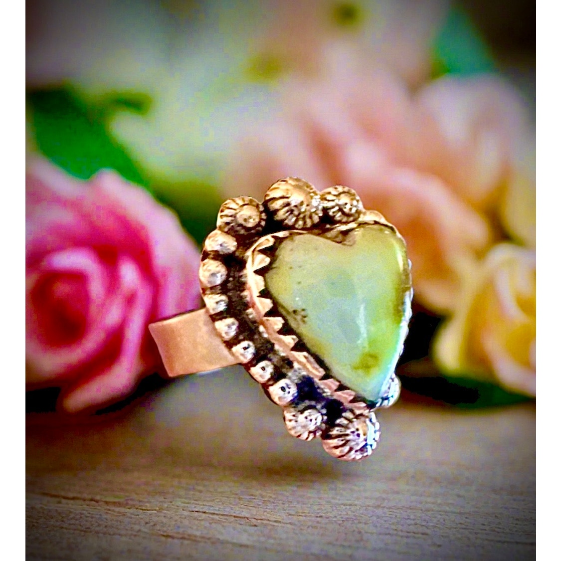 Light Green Palomino Tirquoise Heart Ring Sterling Silver Size 5-11 Adjustable