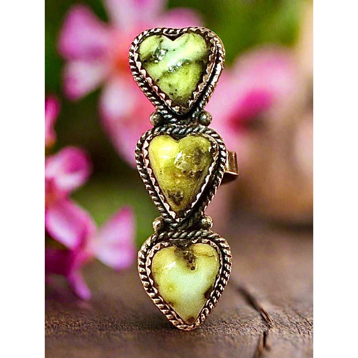 Three Stone Palomino Light Green Turquoise Hearts Ring Adjustable 5-11