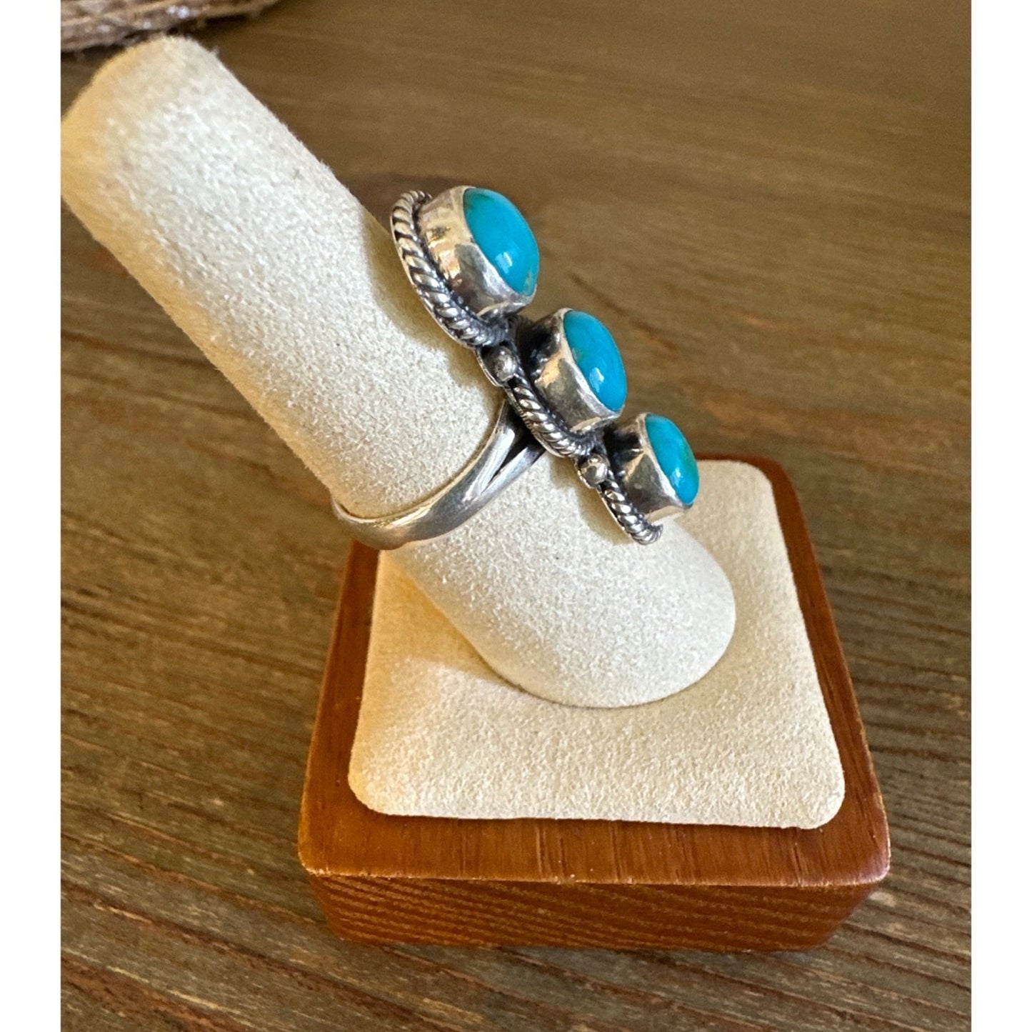 Three Stone Southwestern Kingman Turquoise Ring .925 Sterling Silver 7.25