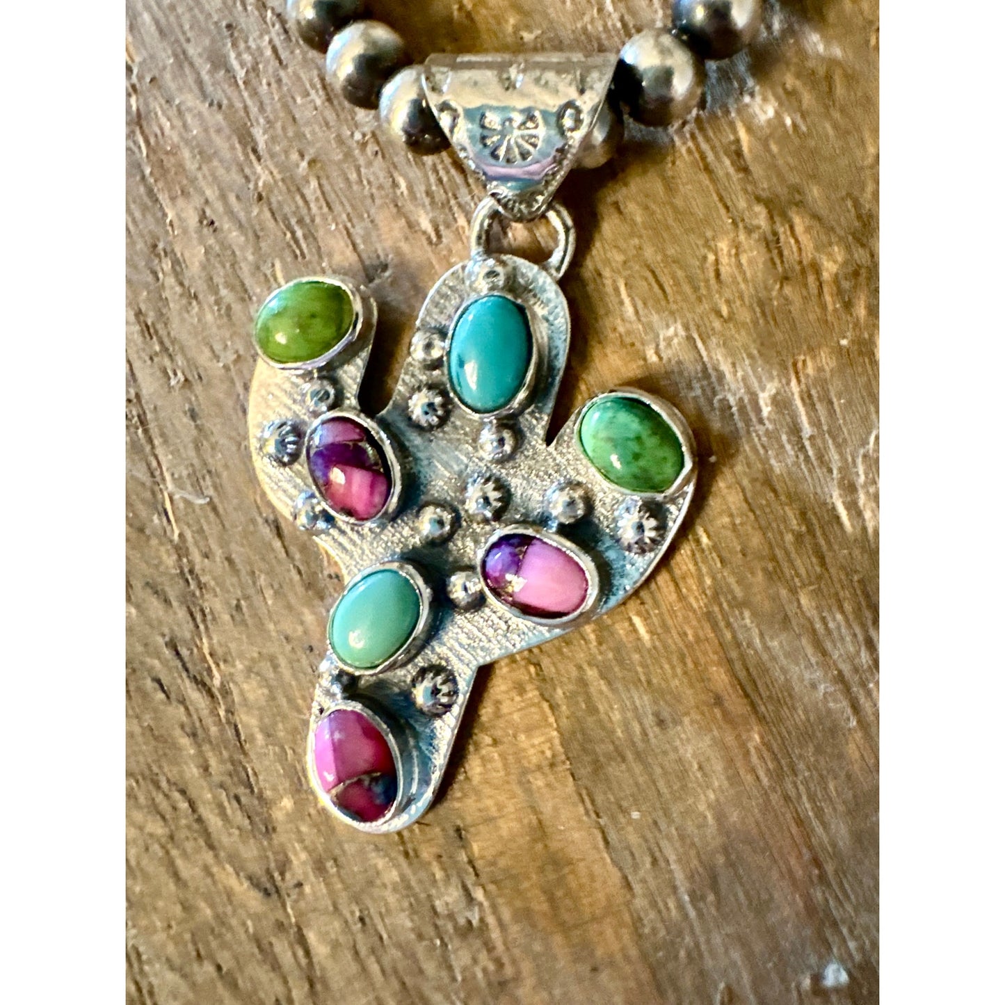 Green Blue Turquoise & Red Rose Dahlia Cactus Pendant 1.25” Long Sterling .925