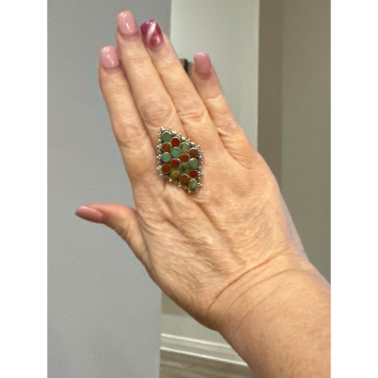 Green Turquoise & Italian Coral Cluster Snake Eyes Ring Adjustable