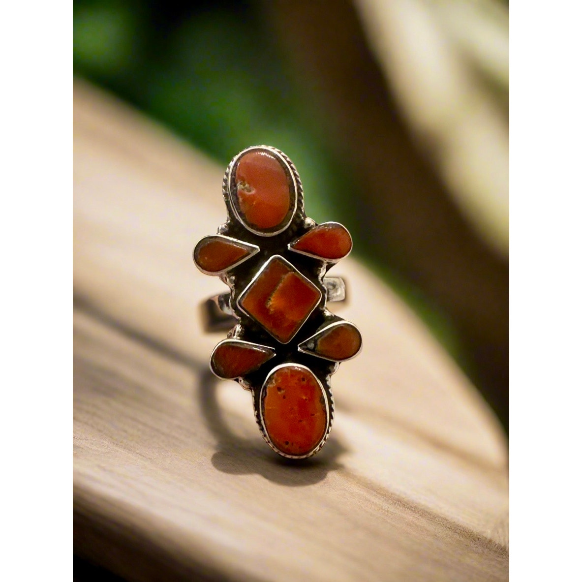 Coral Southwestern Sterling Silver Ring Adjustable Size 5-12