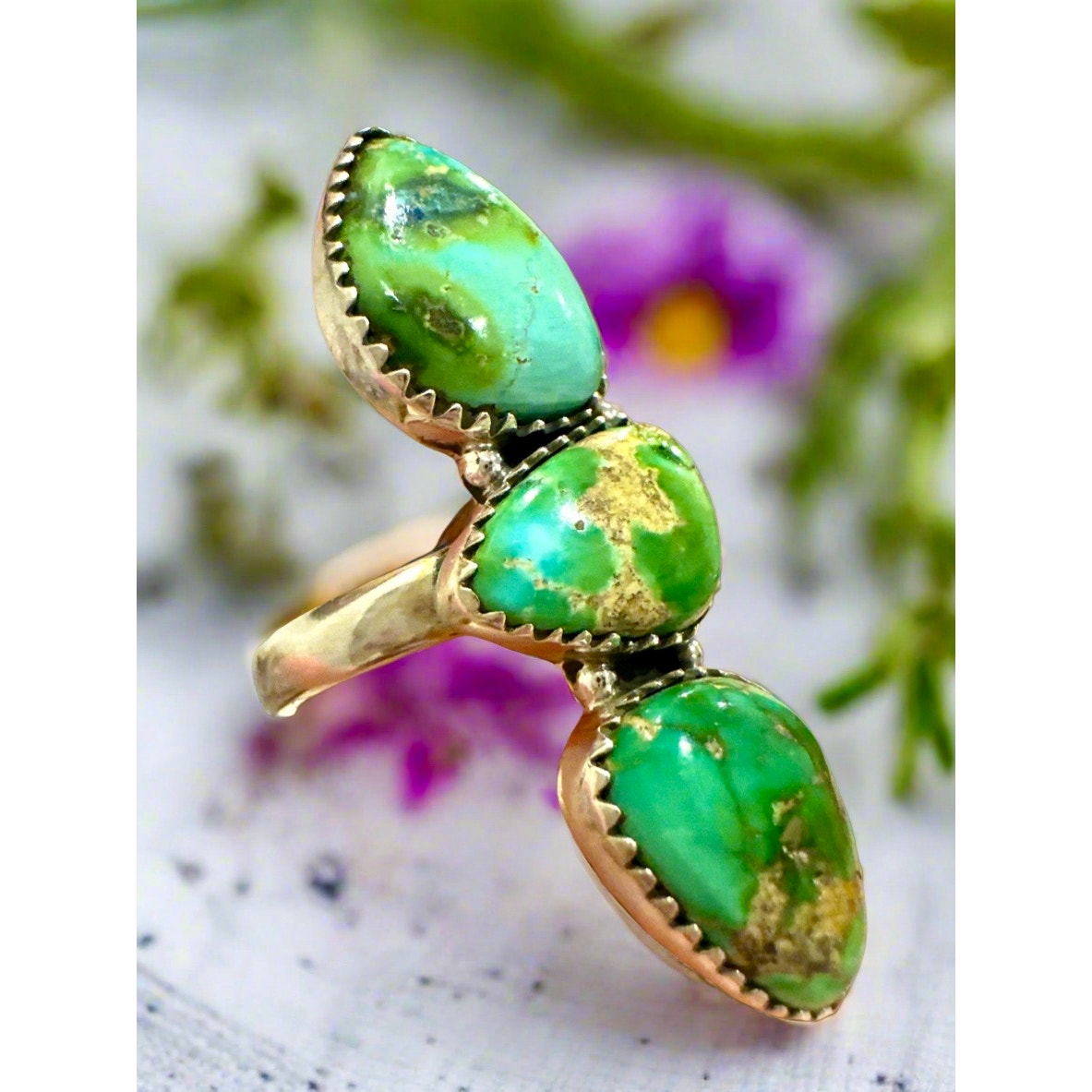 Sonoran Gold Turquoise Three Stone Ring Sterling Adjustable 5-10