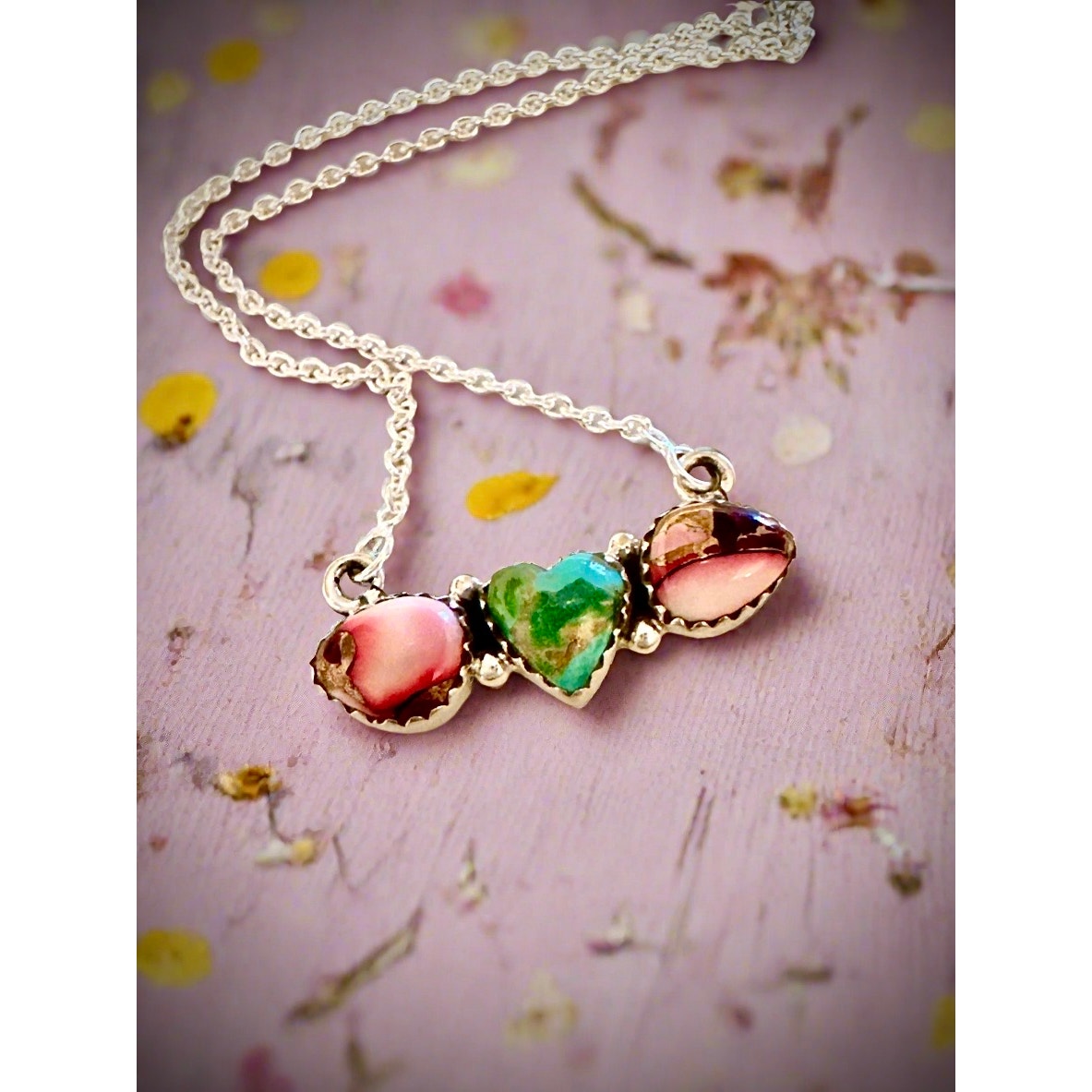 Sonoran Gold Turquoise & Rose Dahlia Heart Necklace 16-18”