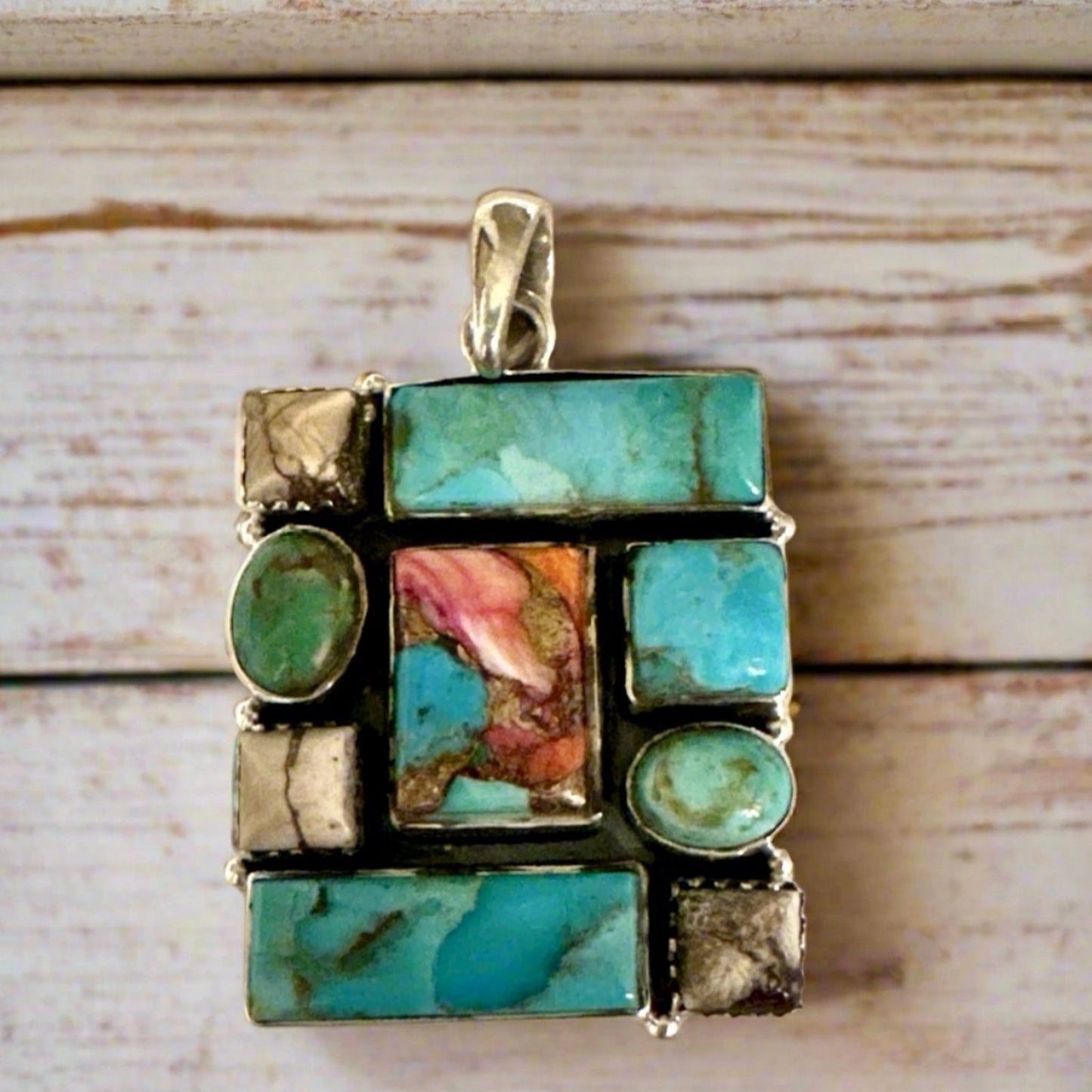 Pink Dahlia. Wild Horse Jasper & Turquoise Square Pendant 1.25x1.25 inches
