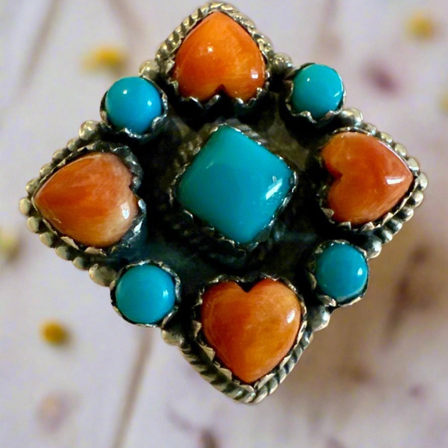 Turquoise & Spiny Oyster Southwestern Sterling Silver Ring Size 7