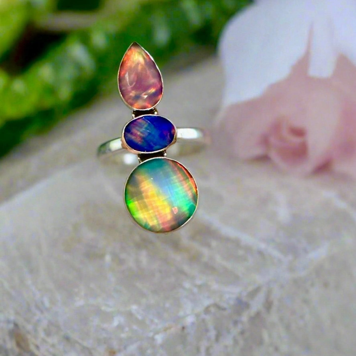 Three Stone Aurora Opal Faceted Handmade Sterling Silver Ring Adjustable