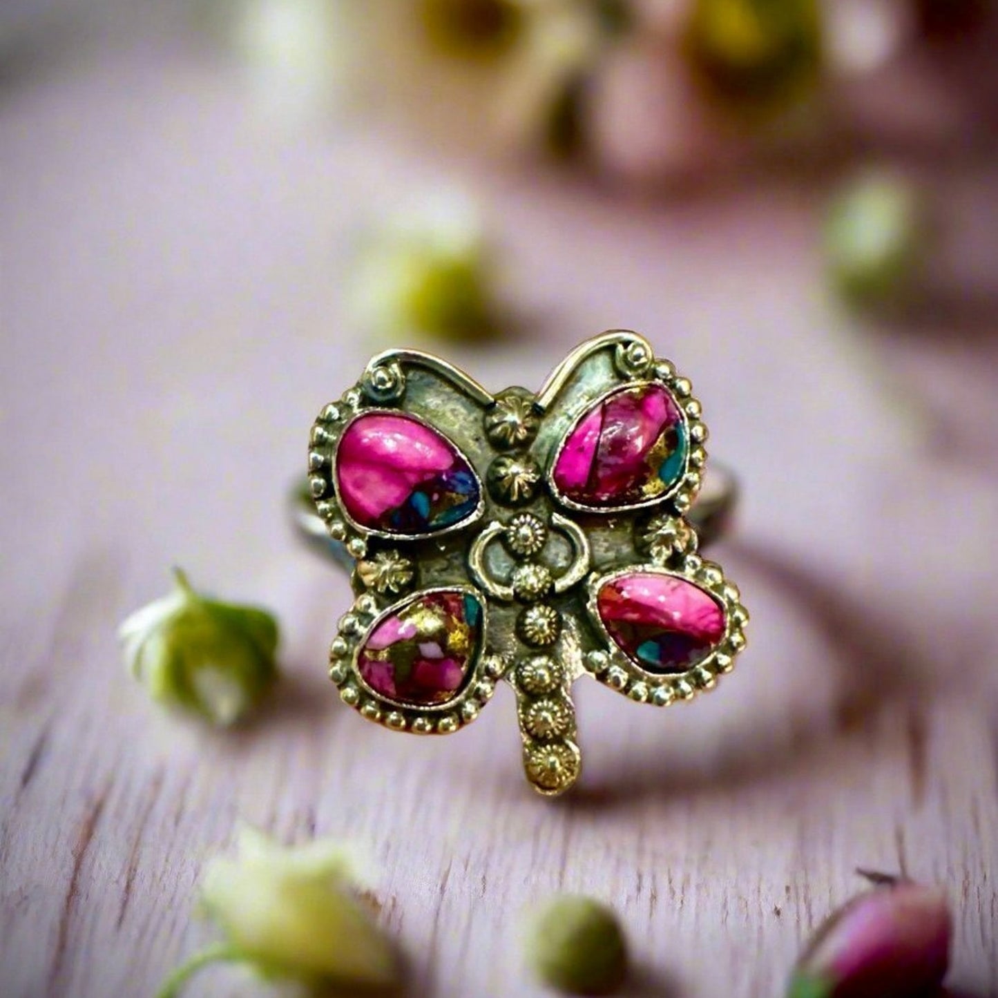 Pink Dahlia Spiny Oyster Butterfly Southwestern Sterling Silver Ring 6,7,8,9