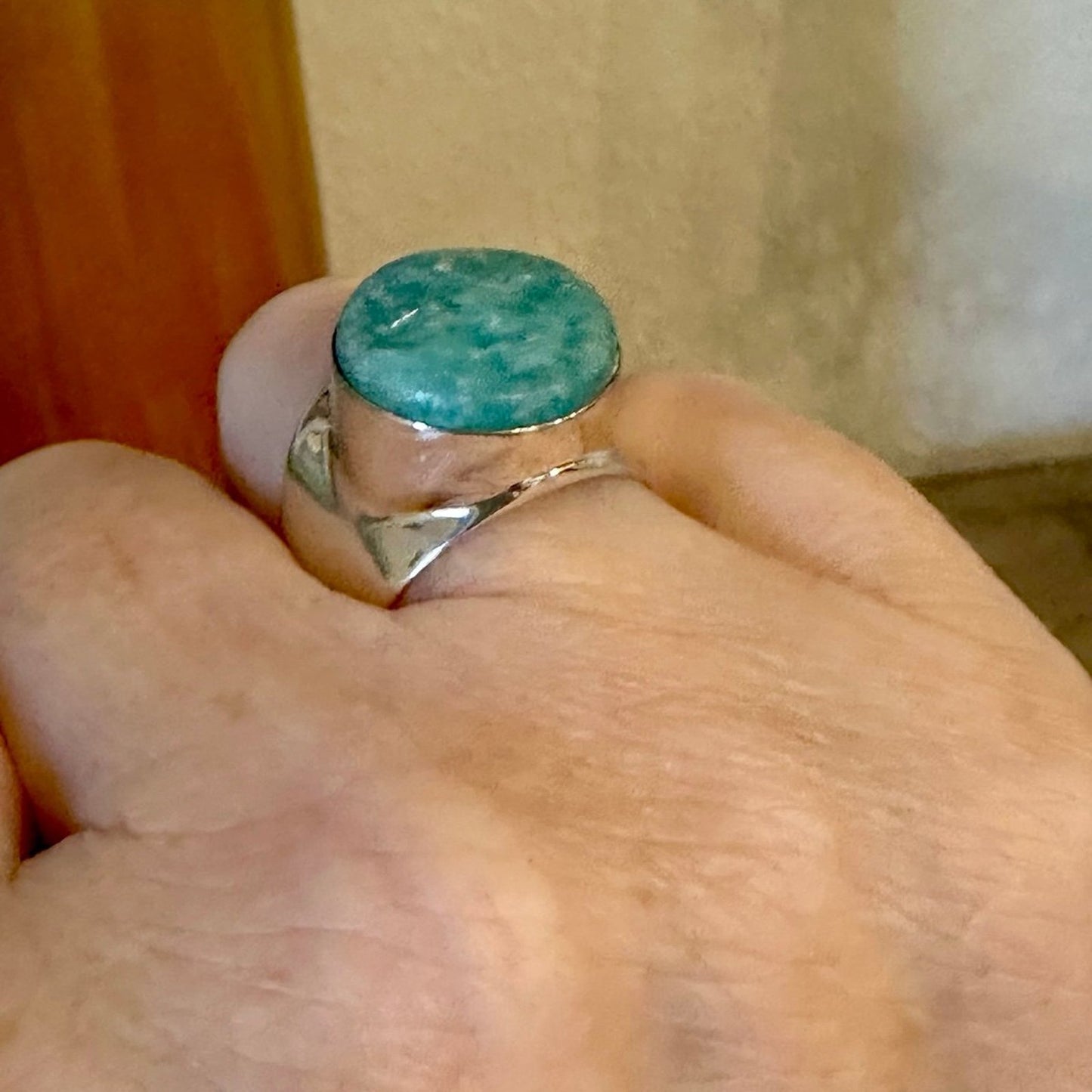 Custom made Carved Moon Face Amazonite .925 Ring 7.25