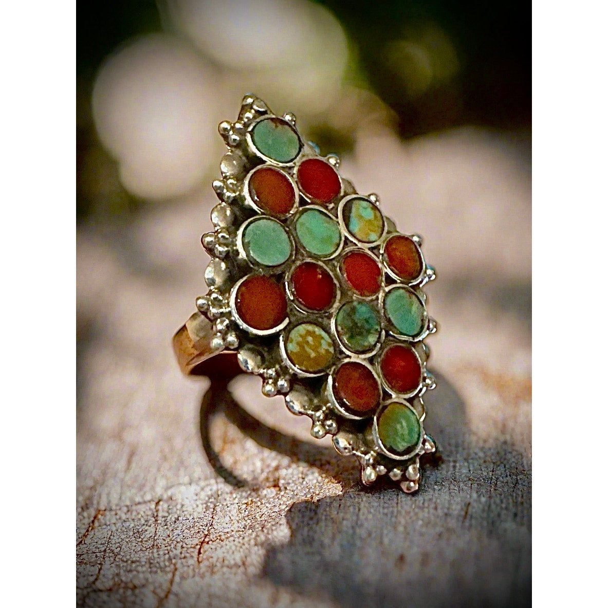 Green Turquoise & Italian Coral Cluster Snake Eyes Ring Adjustable