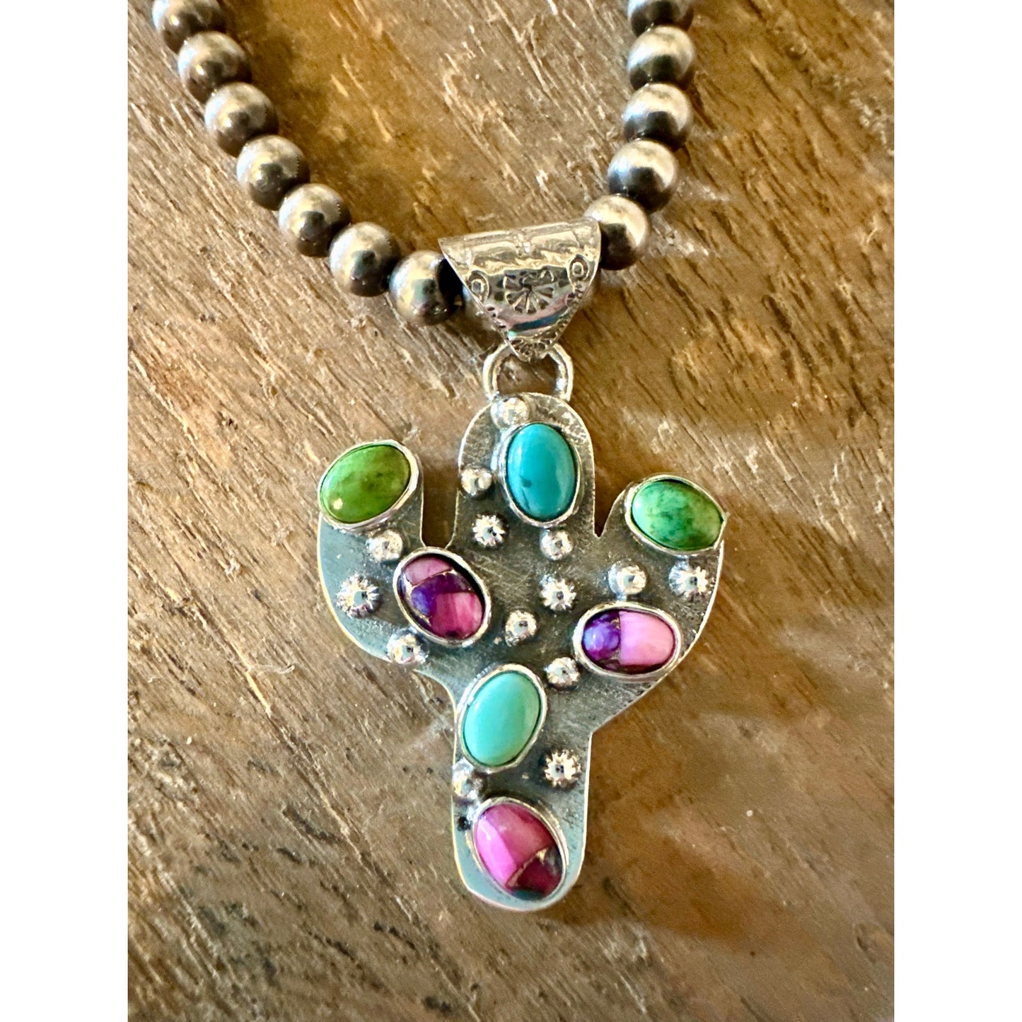 Green Blue Turquoise & Red Rose Dahlia Cactus Pendant 1.25” Long Sterling .925