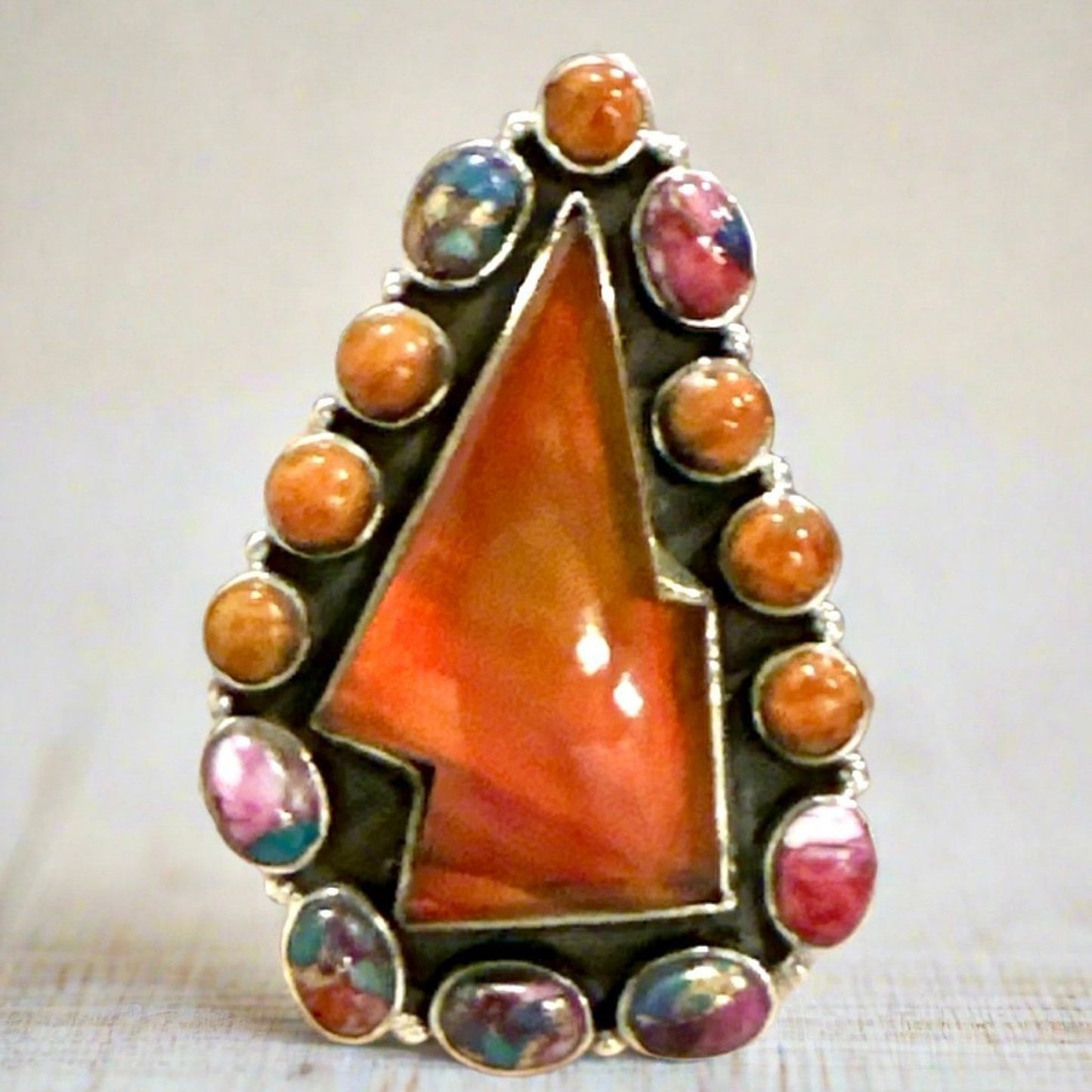 Spiny Oyster & Aurora Opal Lightening Bolt Southwestern Ring 2” Long