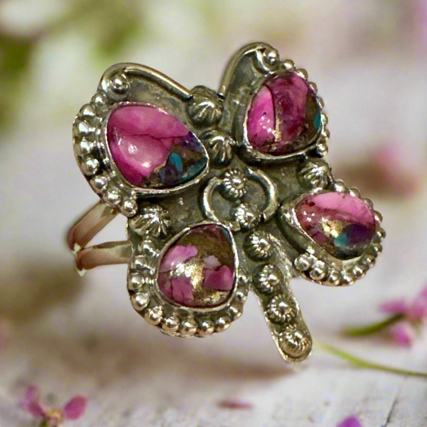 Pink Dahlia Spiny Oyster Butterfly Southwestern Sterling Silver Ring 6,7,8,9