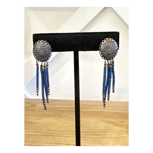 Vintage Sterling Silver Dangle Earrings with Lapis Lazuli 2"