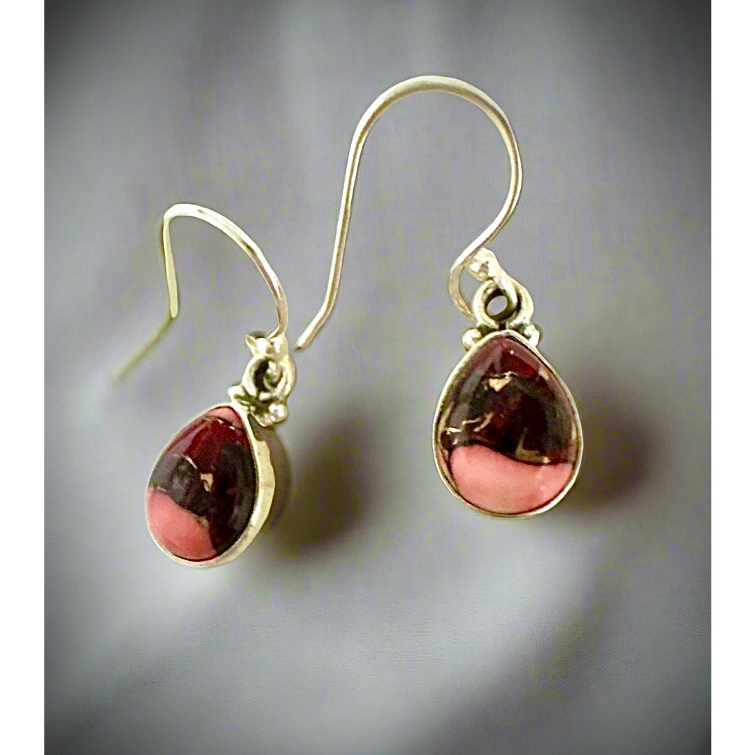 Red Rose Dahlia Turquoise Teardrop Dangle Earrings 1” Long