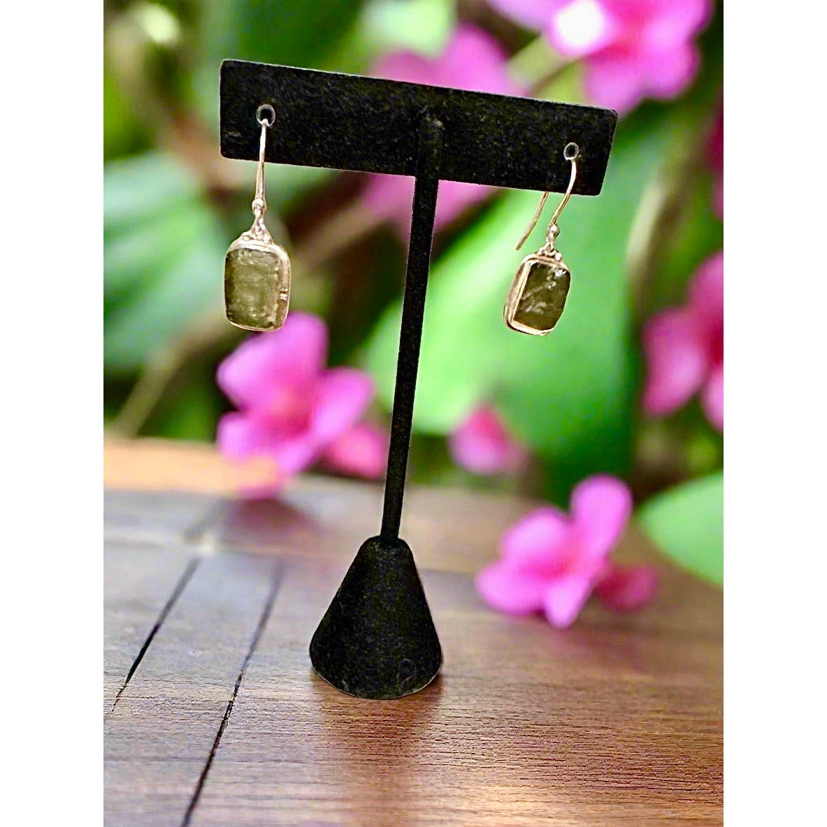 Rough Square Moldavite 925 Sterling Silver Dangle Earrings 1.5”