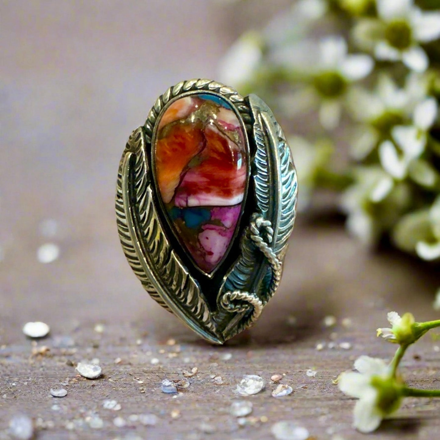 Pink Dahlia Sterling Silver Leaf Motif Teardrop Ring Size 8