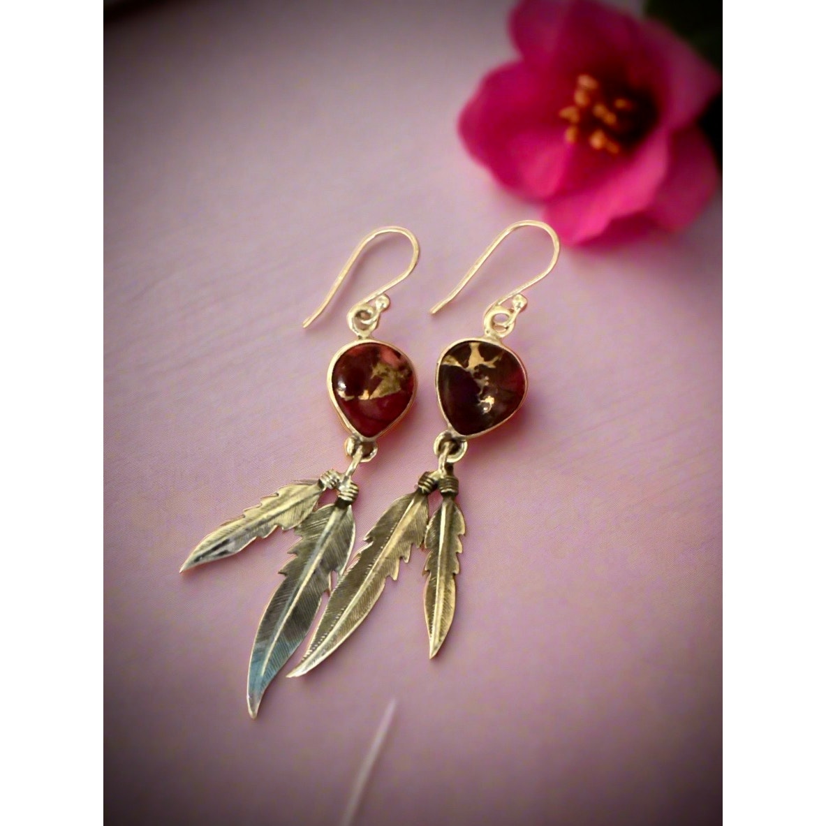 Red Rose Dahlia Feather Native American Style Dangle Earrings 1.5”