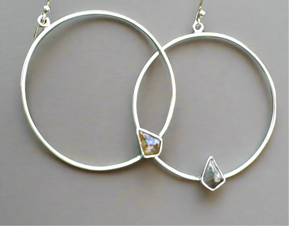 Genuine Labradorite .925 Silver Hoops 2.5” Long!