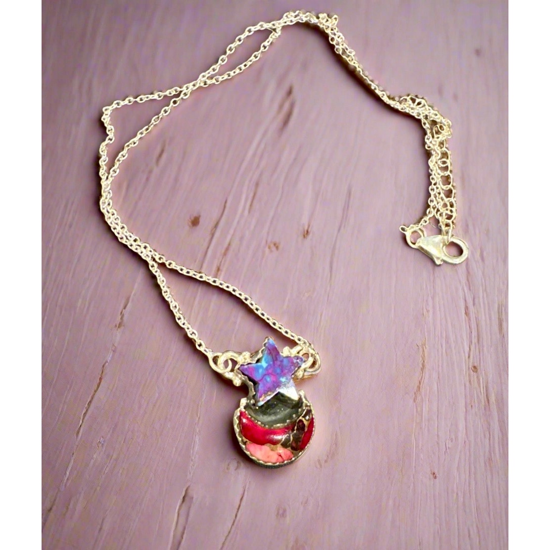 Purple Mohave Turquoise & Red Dahlia | Star & Moon | Sterling Silver Necklace | 18-20”