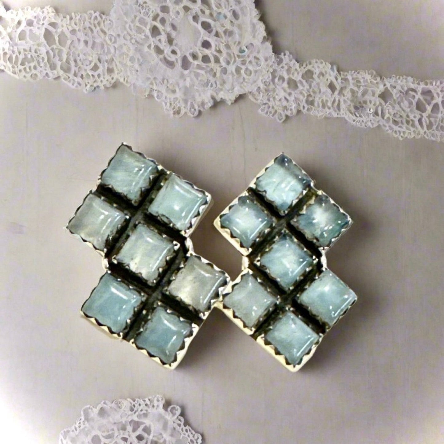 Chalcedony Square Cluster Geometric Sterling Silver Earrings 1”