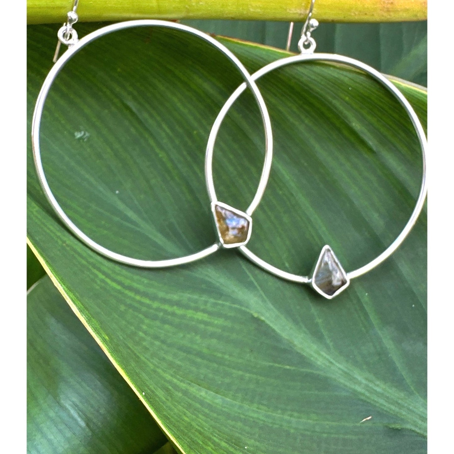 Genuine Labradorite .925 Silver Hoops 2.5” Long!