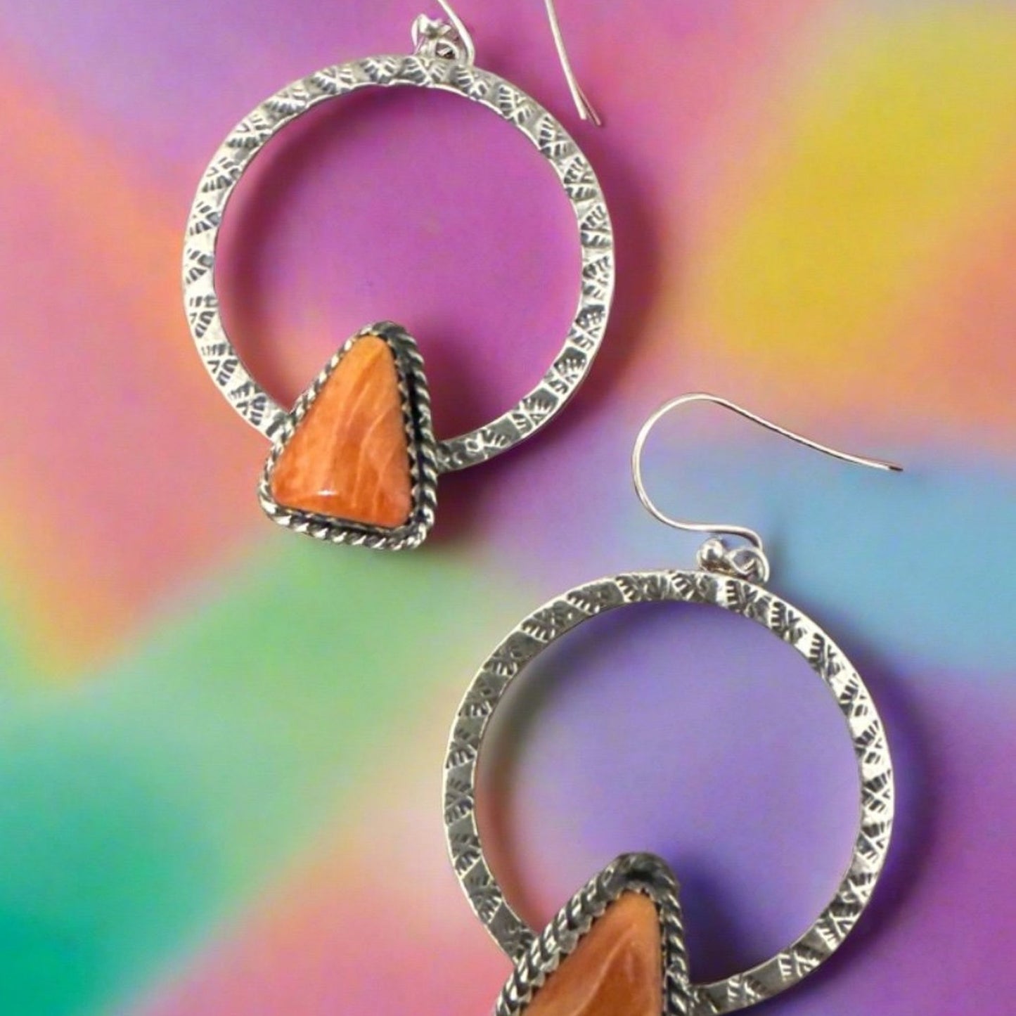 Orange Spiny Oyster Hammered Hoop Earrings 2”