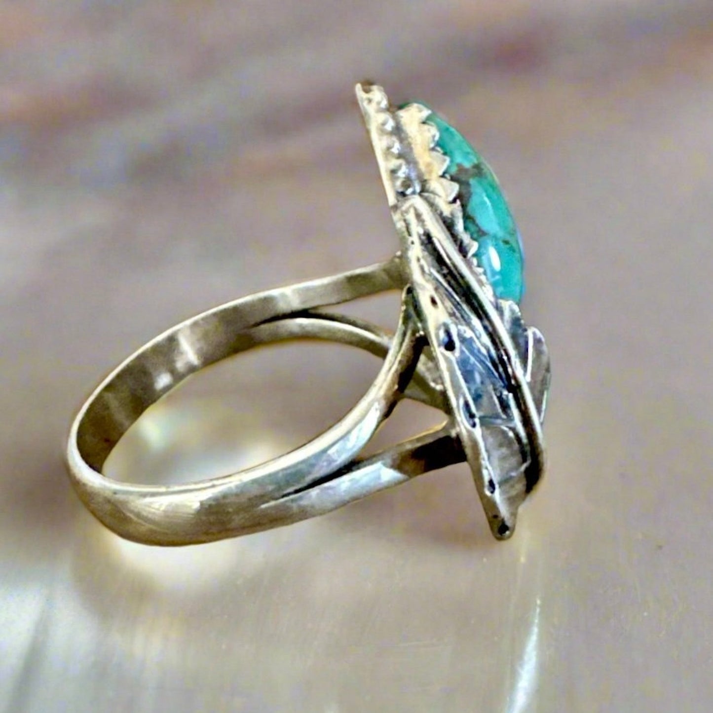 Genuine, turquoise leaf design, two stone southwestern ring .925 silver size 10