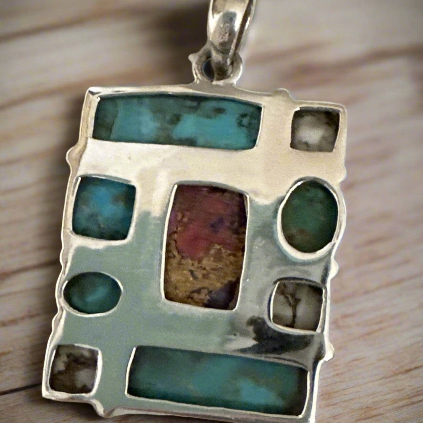 Pink Dahlia. Wild Horse Jasper & Turquoise Square Pendant 1.25x1.25 inches