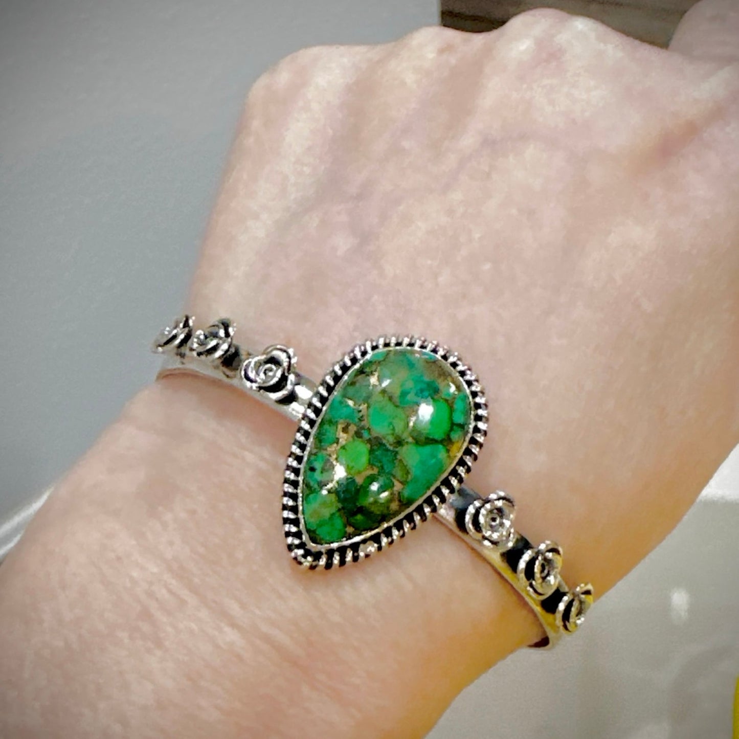 Copper Green Turquoise Teardrop Sterling Silver Cuff Bracelet