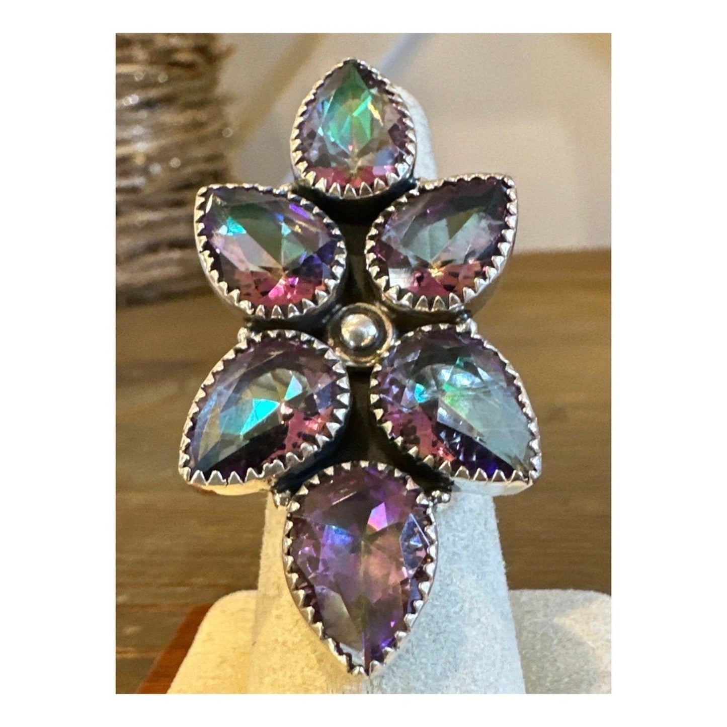 HUGE Teardrop Sawtooth Oxidized Mystic Topaz .925 Ring Adjustable 4-12