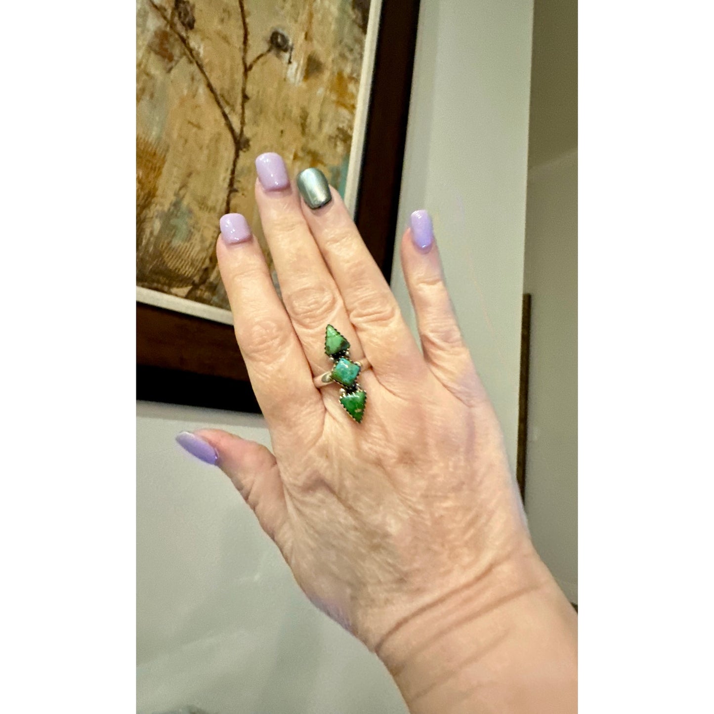 Sonoran Gold Turquoise Three Stone Diamond Shape Sterling Ring Size 5-11 Adjustable