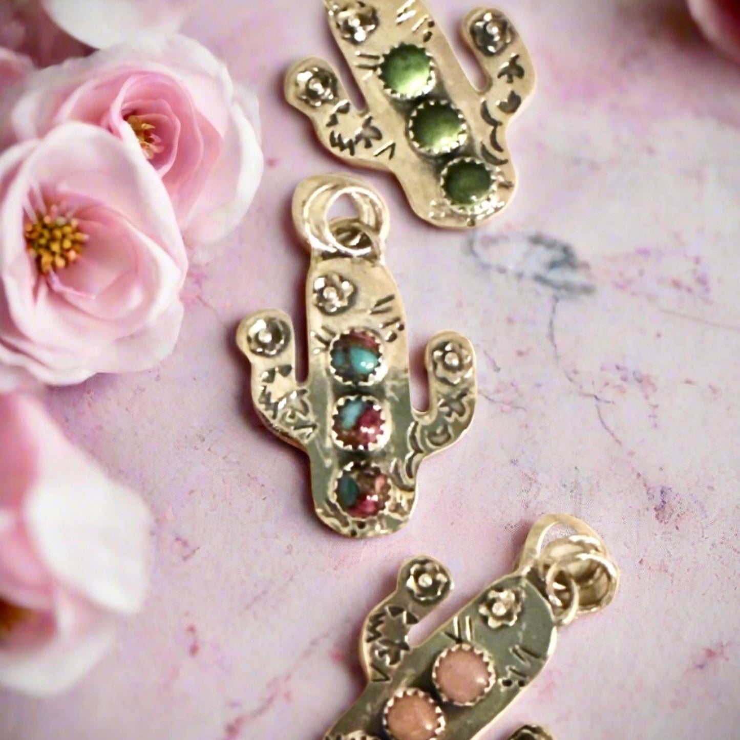 PICK One Southwestern Sterling Silver Gemstone Cactus Pendant 1.25”