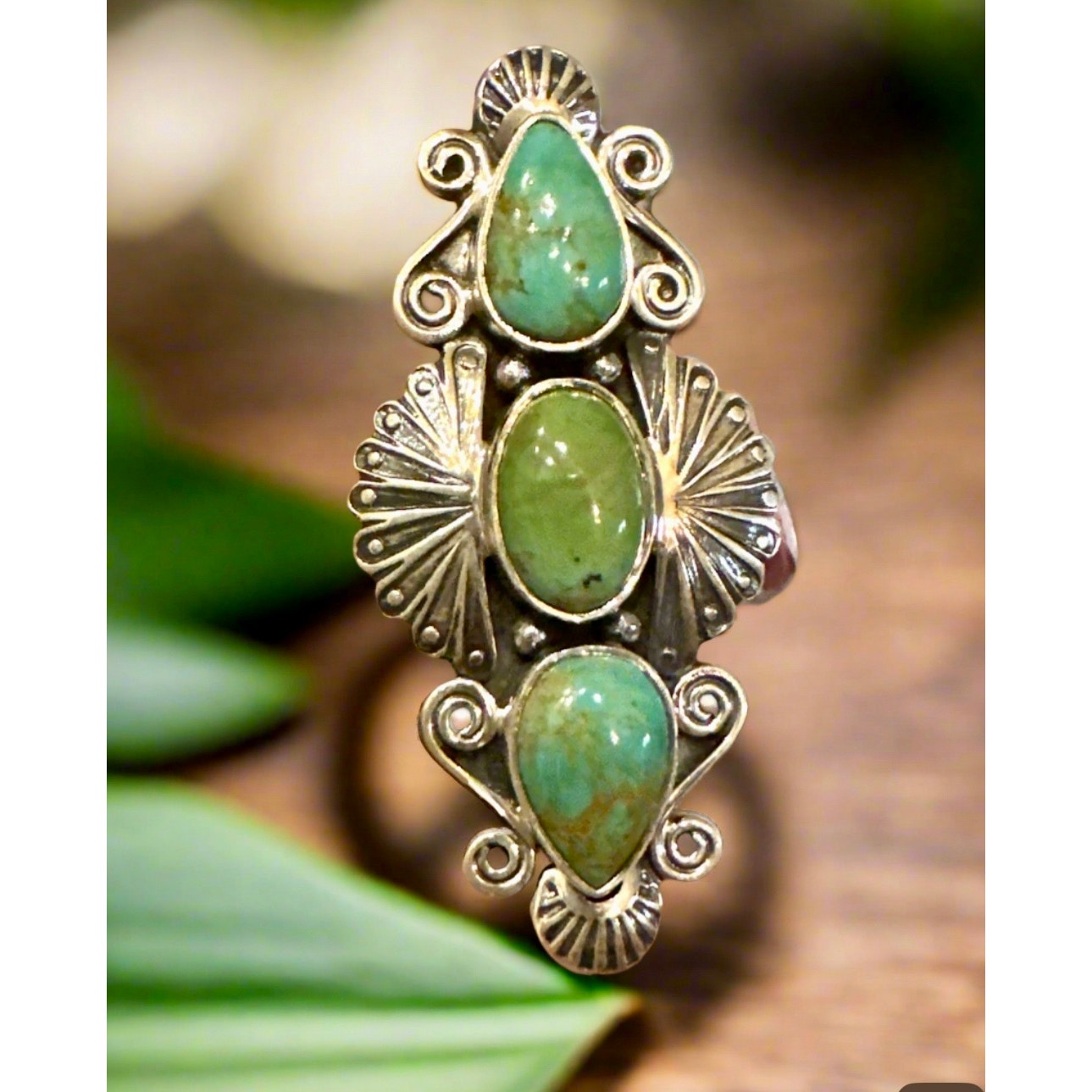 Three Stone Turquoise Southwestern Sterling Silver Ring Size 9