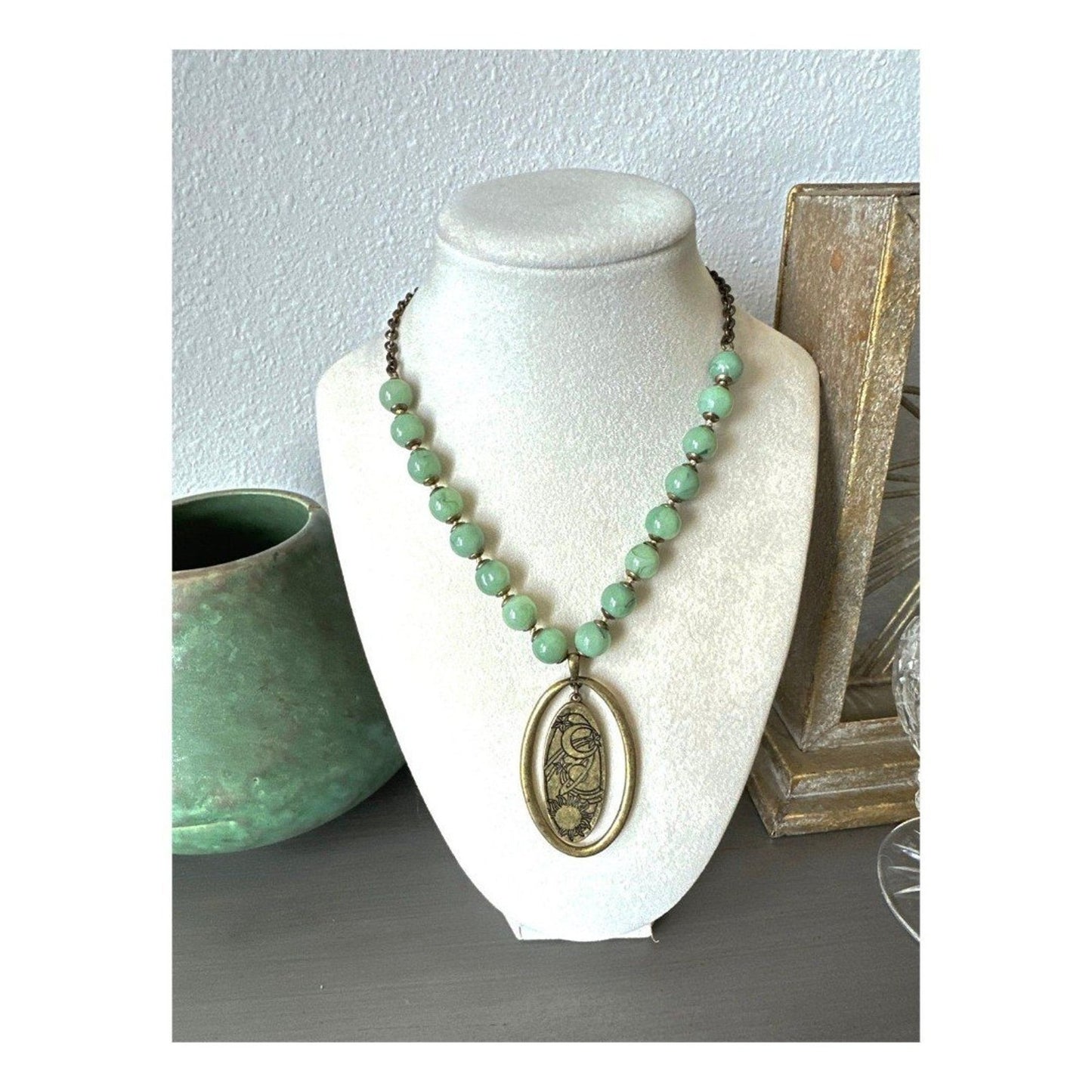 Vintage 1960's Brass "Age of Aquarius" Hand-Knotted Aventurine Necklace