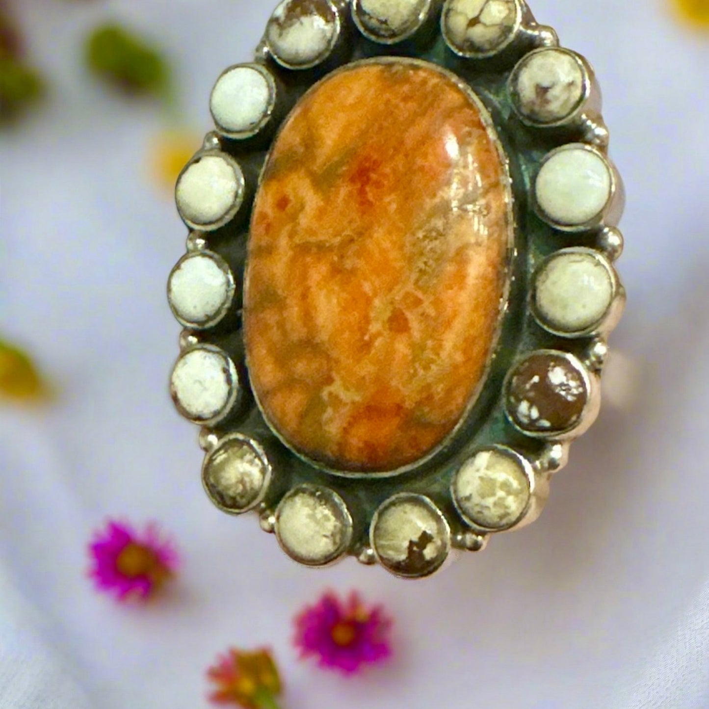 Huge Spiny Oyster & Wild Horse Jasper Southwestern Ring Adjustable Size