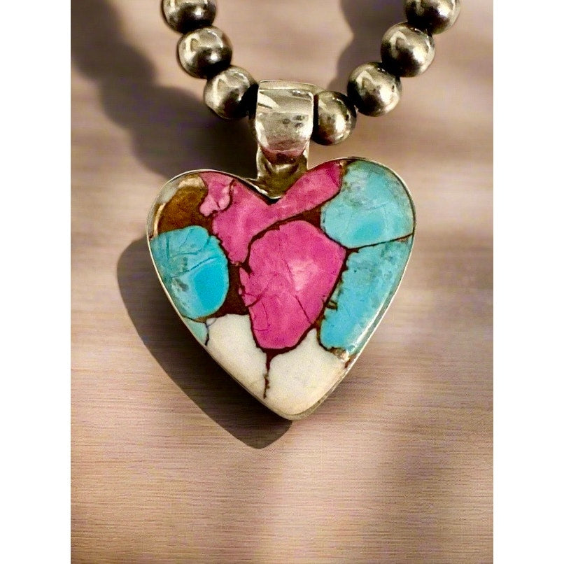 Cotton Candy Hesrt 925 Sterling Silver Southwestern Pendant 1.25”