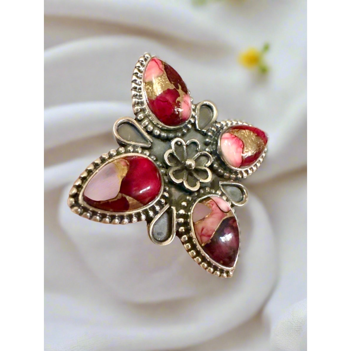 Red Rose Dahlia Statement Ring Sterling Silver Size 7