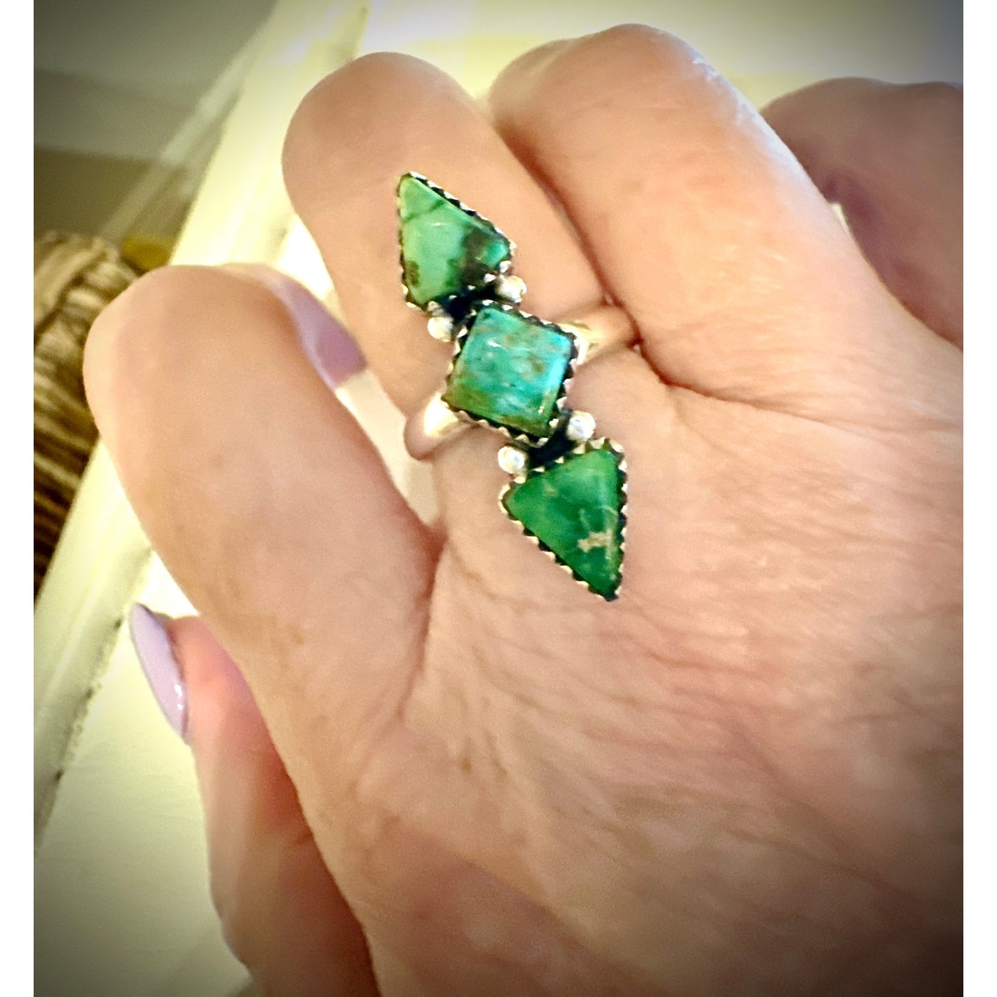Sonoran Gold Turquoise Three Stone Diamond Shape Sterling Ring Size 5-11 Adjustable