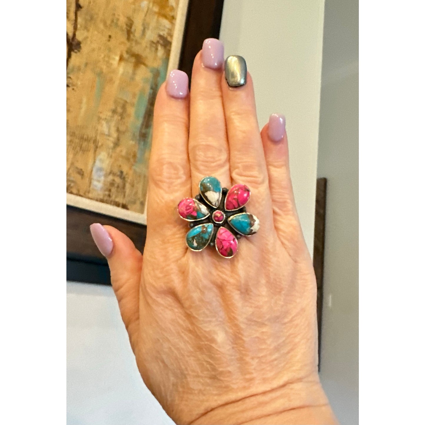 Cotton Candy Turquoise Cluster Flower Ring Sterling Size 7