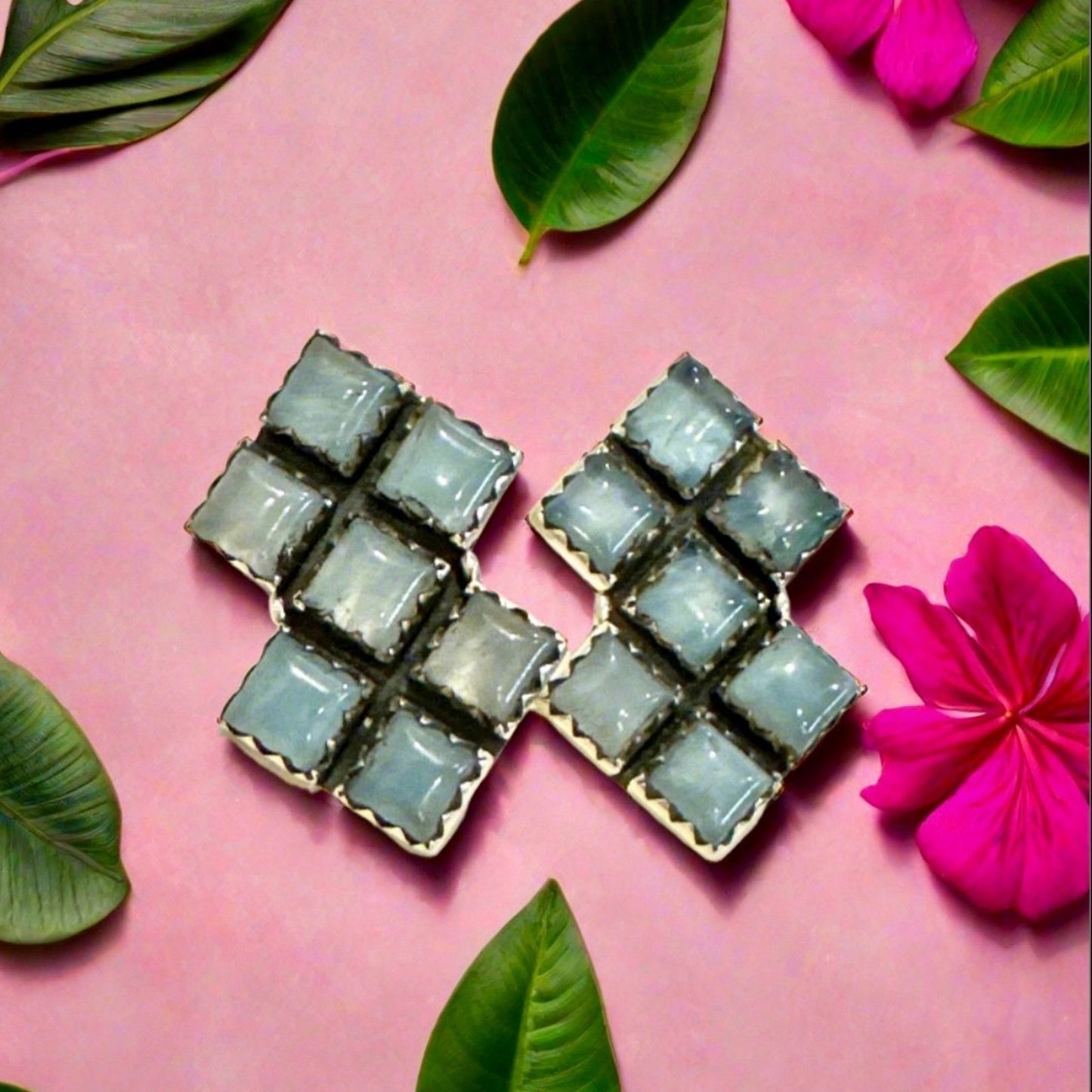 Chalcedony Square Cluster Geometric Sterling Silver Earrings 1”