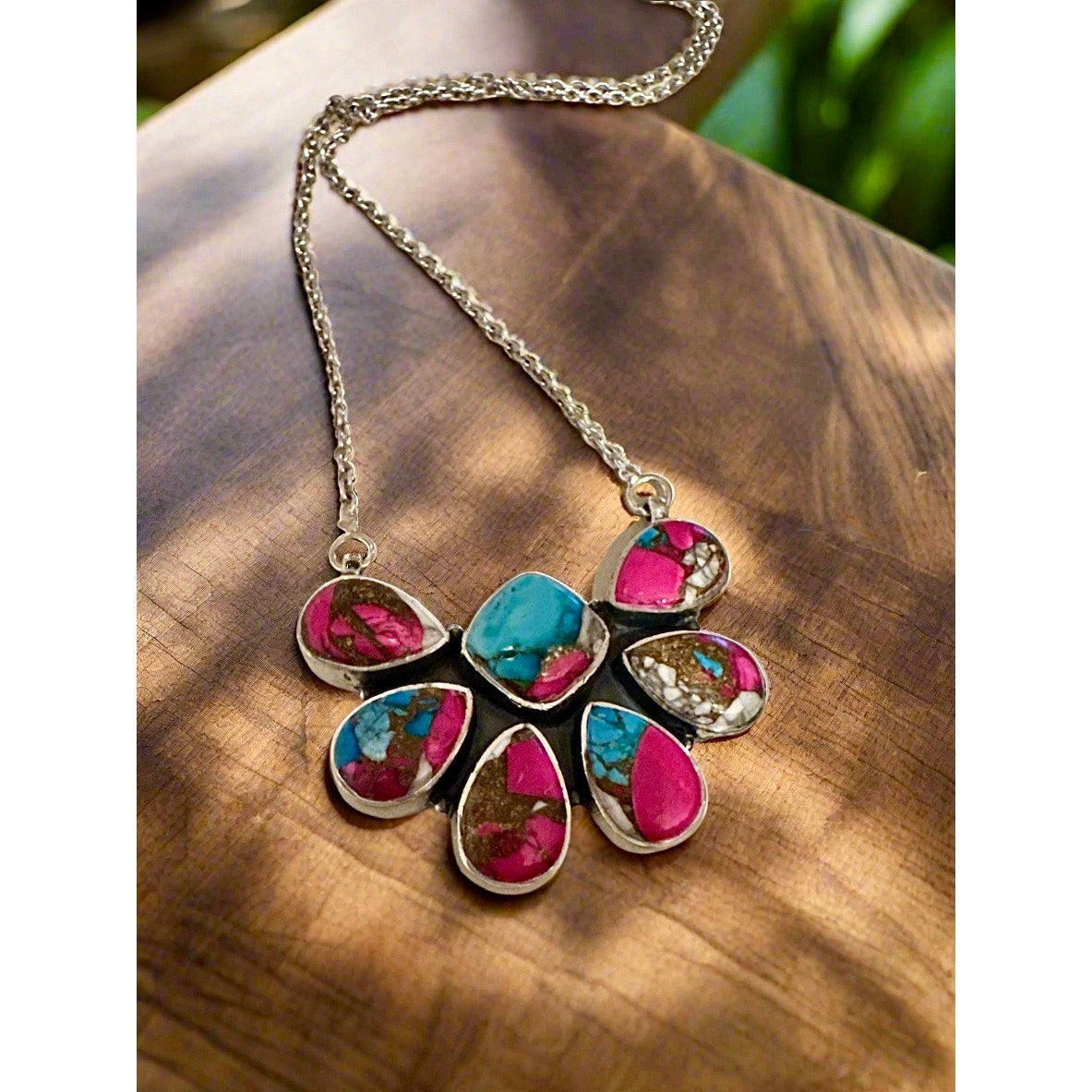 Cotton Candy Turquoise Half Cluster Sterling Silver Necklace 18”