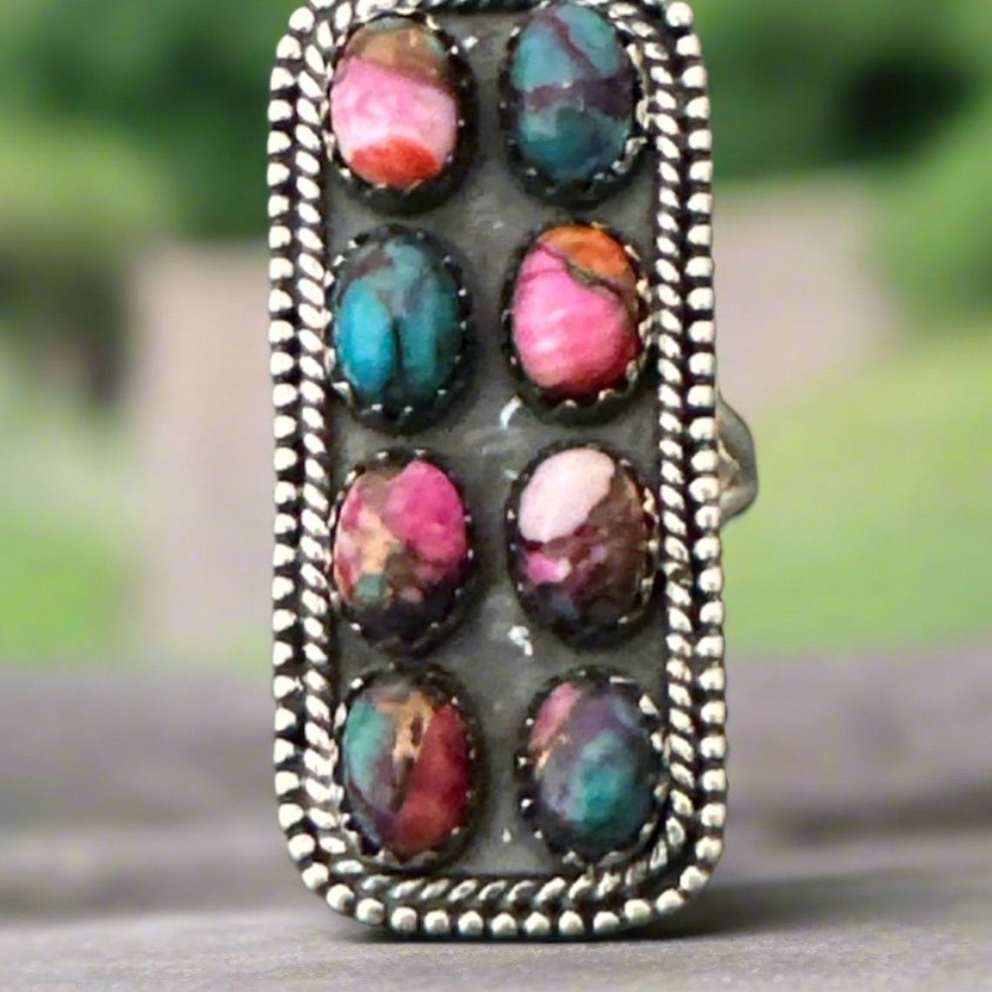 Handmade Pink Dahlia Long Native American Style Ring Sterling Silver Size 8