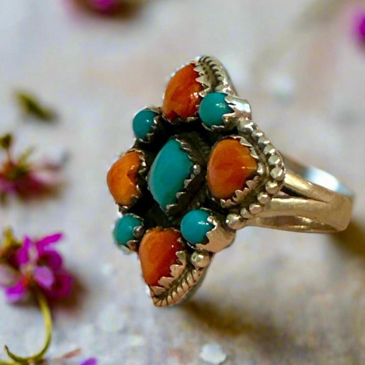 Turquoise & Spiny Oyster Southwestern Sterling Silver Ring Size 7