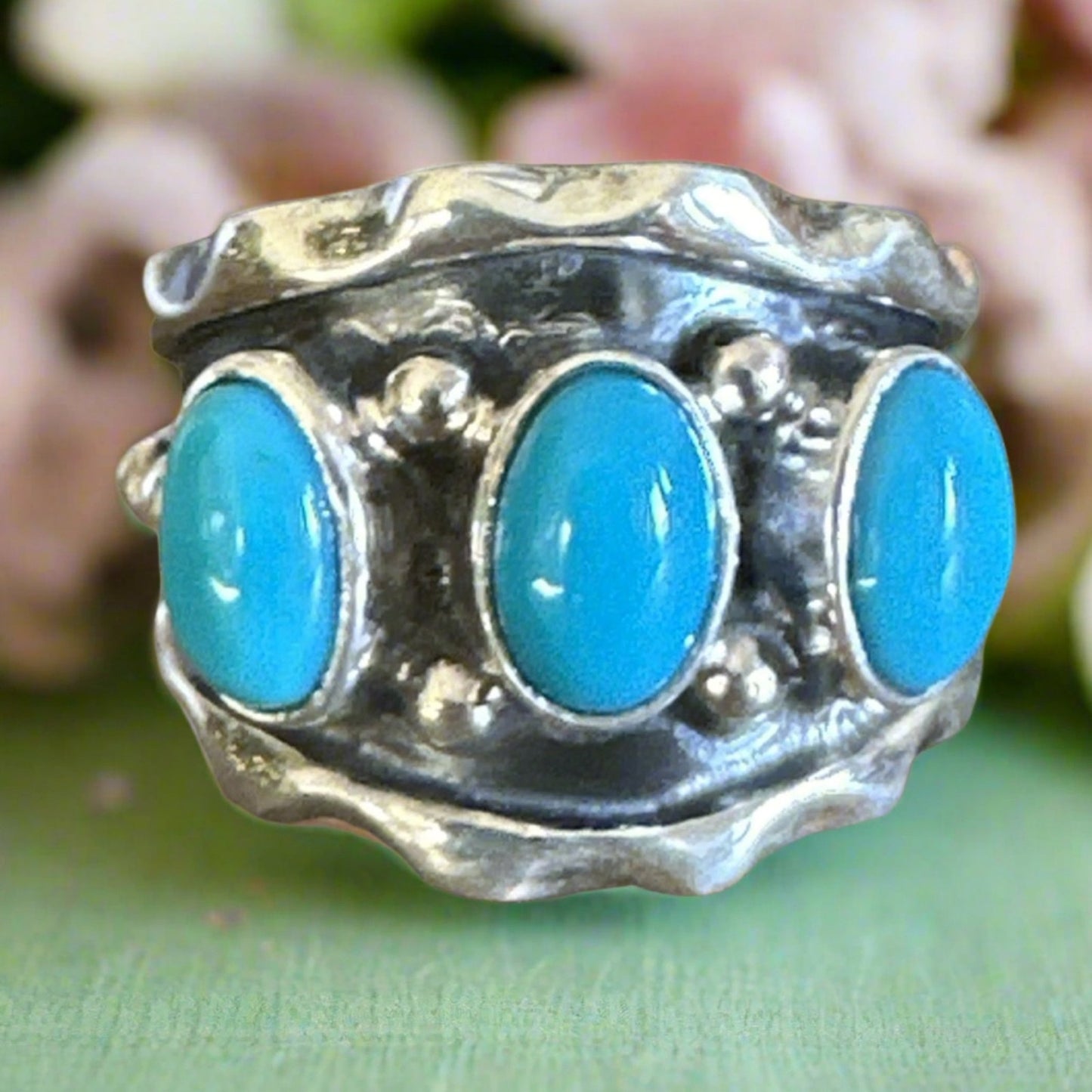 Kingman Turquoise 3 Stone Southwestern Band .925 Silver Size 8.5