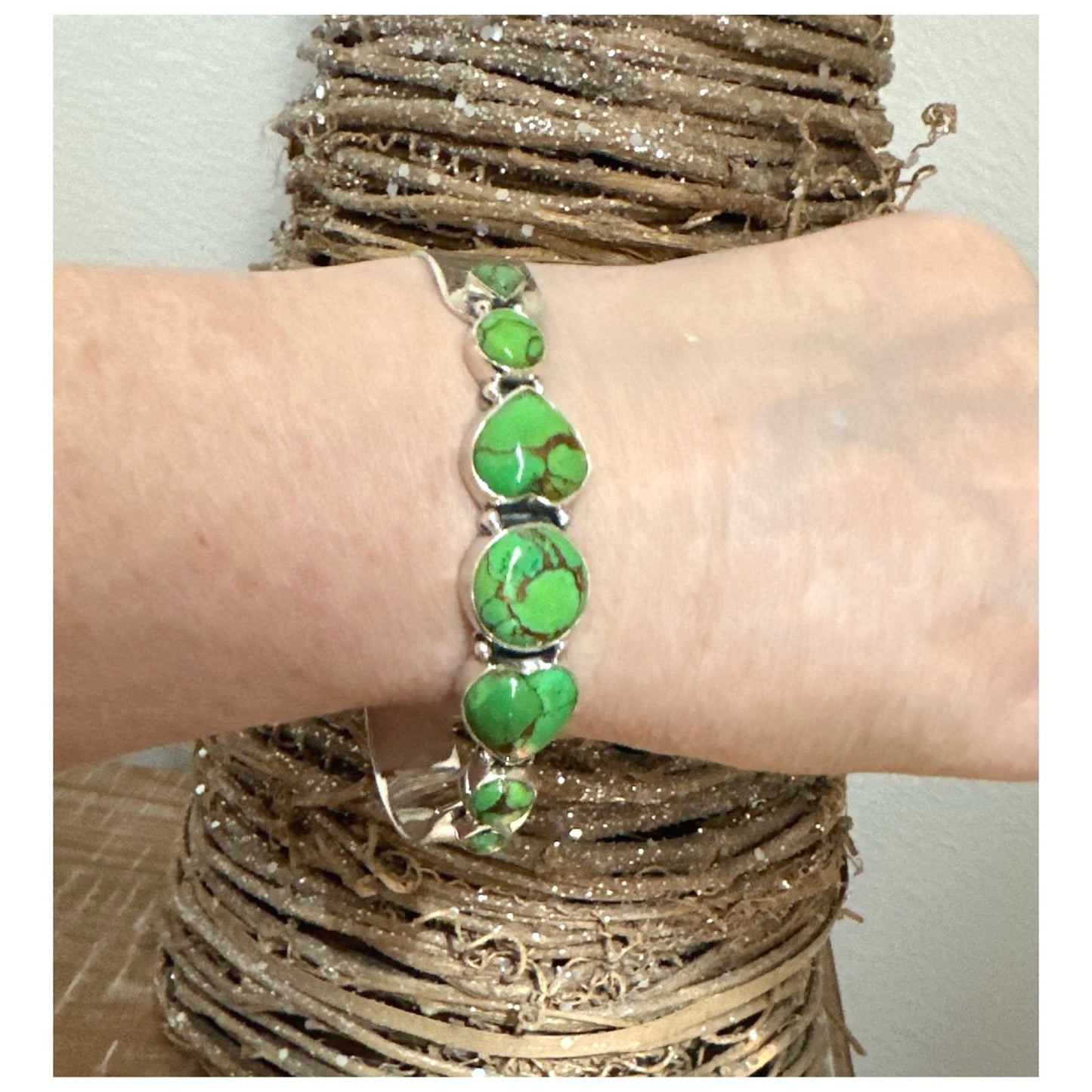 Genuine Copper Green Turquoise .925 Sterling Silver Cuff Bracelet Adjustable